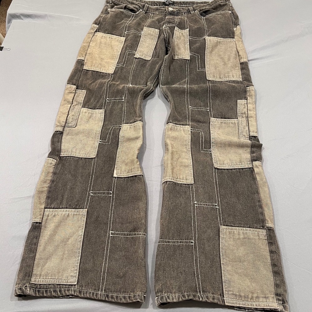 Mens Patchwork Denim baggy Wide Leg Jeans Grey Tan Streetwear Y2K Baggy